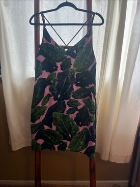 Topshop Pink Mini Slip Dress with Green Tropical Leaf Print
